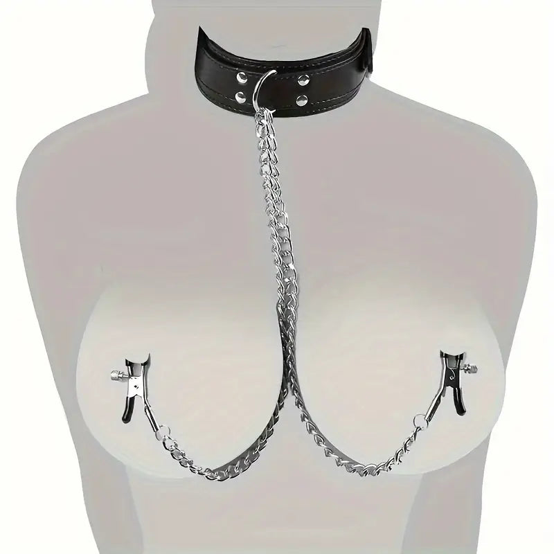 PU Leather BDSM Choker with Adjustable Nipple Clamps